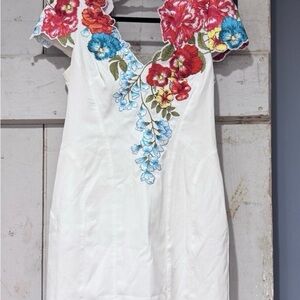 Karen Millen White Dress with Red and Blue Floral Embroidery